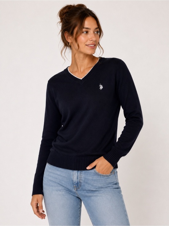 U.S. Polo Assn. Sweaters - U.S. Polo Assn Women’s Large Navy V Neck Knit Sweater Long Sleeve Classic